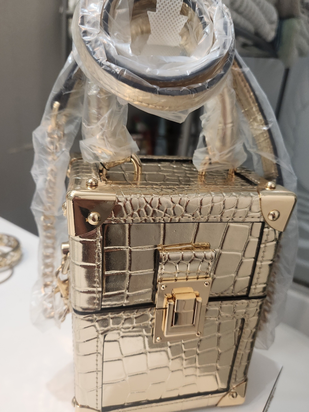 Aldo Metallic Gold Croc-Embossed Mini Box Bag